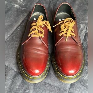 Dr Martens Burgundy Oxblood Lace-Up Platform Shoes with Yellow Stitching